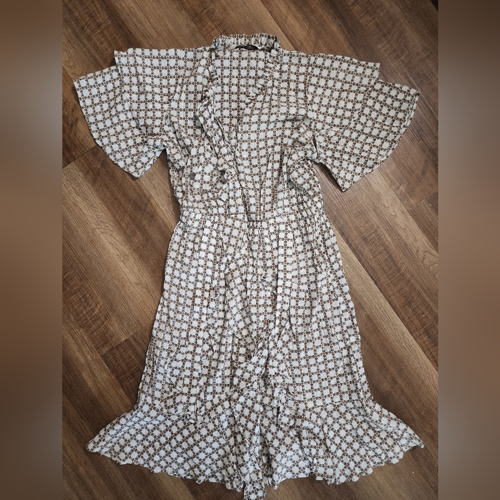 Munthe Cream Brown Ruffle Midi Dress Scandinavian Boho Chic - Picture 1 of 9